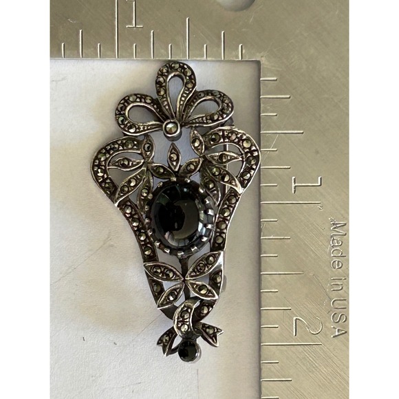 Vintage Sterling Silver Black Onyx And Marcasite Brooch Or Pendant - Picture 6 of 8
